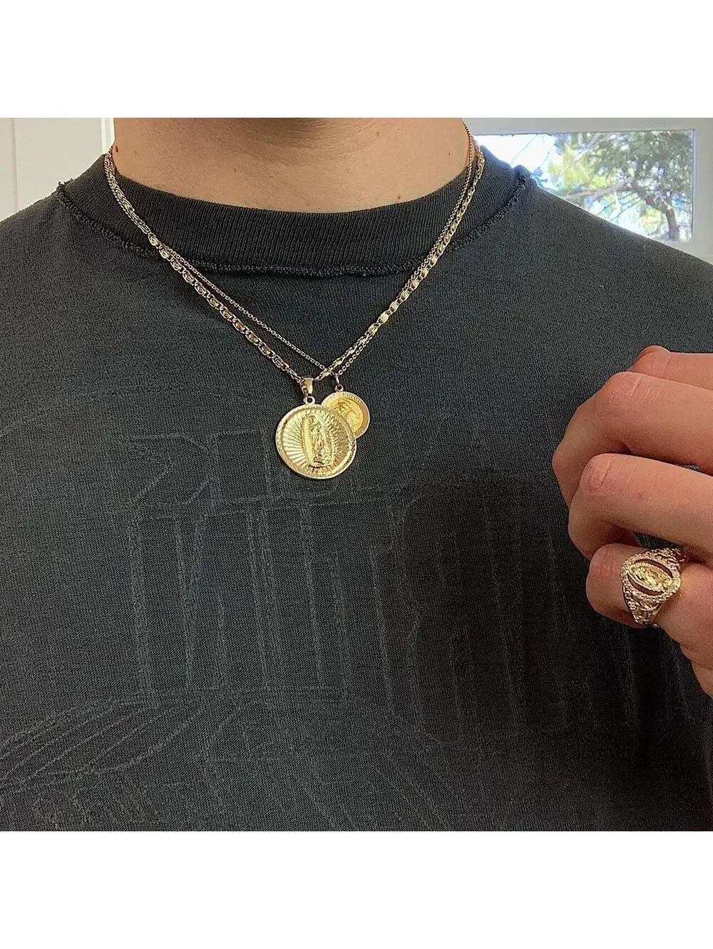 Saint Marry big pendant y2k 90s style gold necklace chain. Grunge punk style